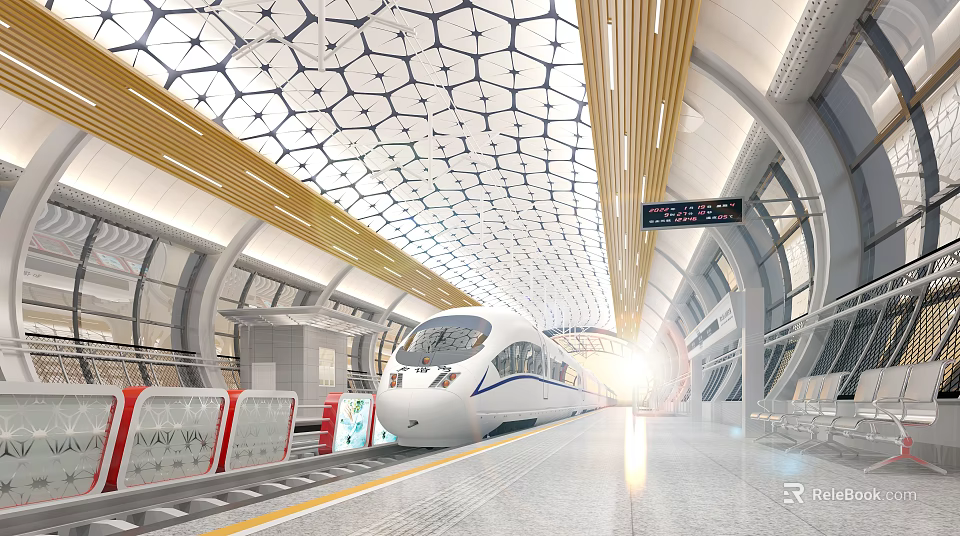 Modern High Speed Railway Station Platform With White Train And Geometric Ceiling Design 3d model