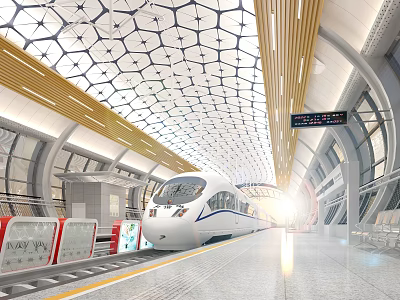 Modern High Speed Railway Station Platform With White Train And Geometric Ceiling Design 3d model