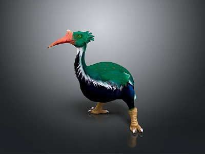 Bird With Green Feathers Orange Beak White Neck Black Body Standing On Dark Background 3d model
