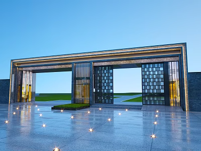 Elegant Modern Entrance Gate With Glass Doors Metal Frame Plaza Lighting And Lawn 3d model