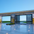 Elegant Modern Entrance Gate With Glass Doors Metal Frame Plaza Lighting And Lawn