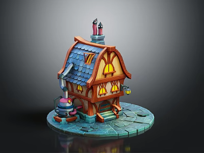 Cartoon Style Cottage With Blue Roof Orange Walls Chimneys And Yellow Window Lights 3d model