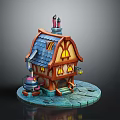 Cartoon Style Cottage With Blue Roof Orange Walls Chimneys And Yellow Window Lights