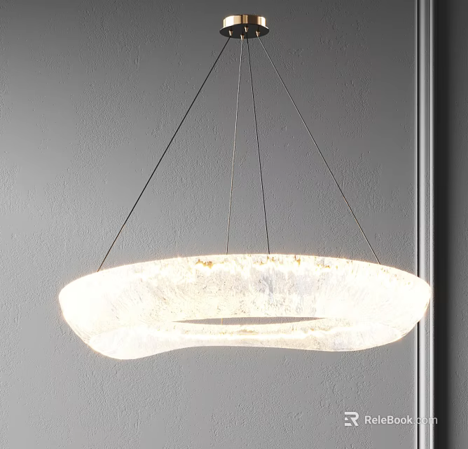 Modern Circular Chandelier Suspended by Thin Wires with Frosted Glass Design on Gray Wall 3d model 