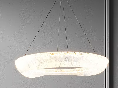 Modern Circular Chandelier Suspended by Thin Wires with Frosted Glass Design on Gray Wall 3d model