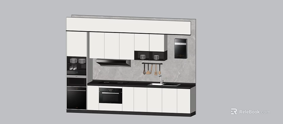 Modern Kitchen Interior With White Cabinets Black Countertops Gray Backsplash And Appliances 3d model 