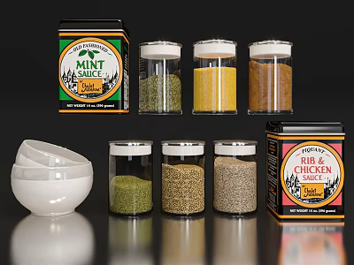 Glass Kitchen Spice Storage Jars With Various Spices White Bowl And Labels 3d model