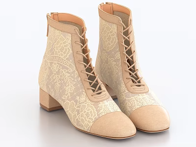 Beige Short Boots With Floral Lace Design Lace Up Round Toe And Block Heel 3d model