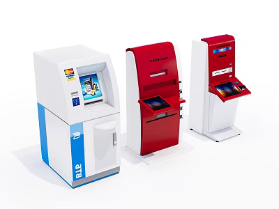 Public Facility Self Service Kiosks Featuring White Red Designs and Interactive Touch Screens 3d model