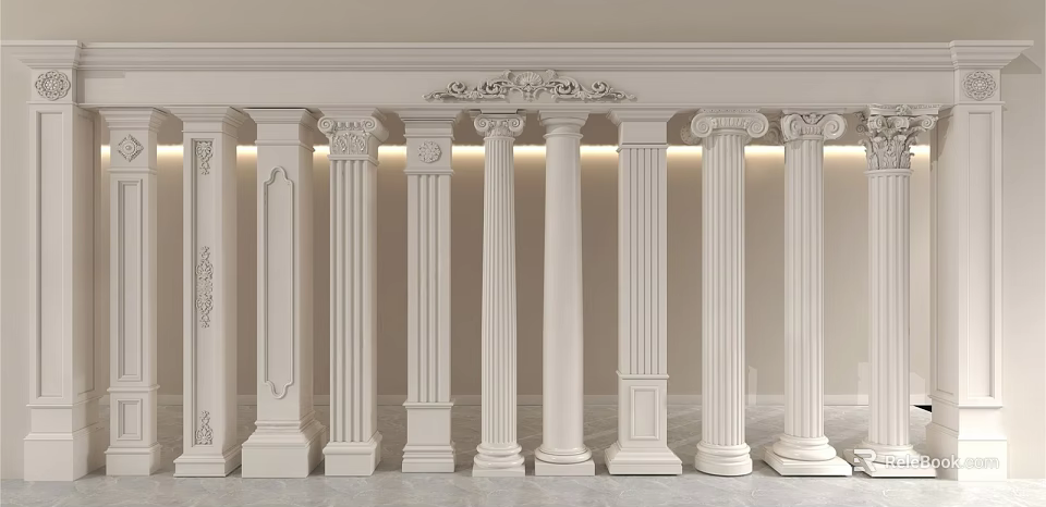 White Roman Columns In Classic Interior With Ornate Architectural Design 3d model