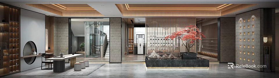 Traditional Tea Room Interior With Wooden Lattice Red Maple And Rockery Decor 3d model 
