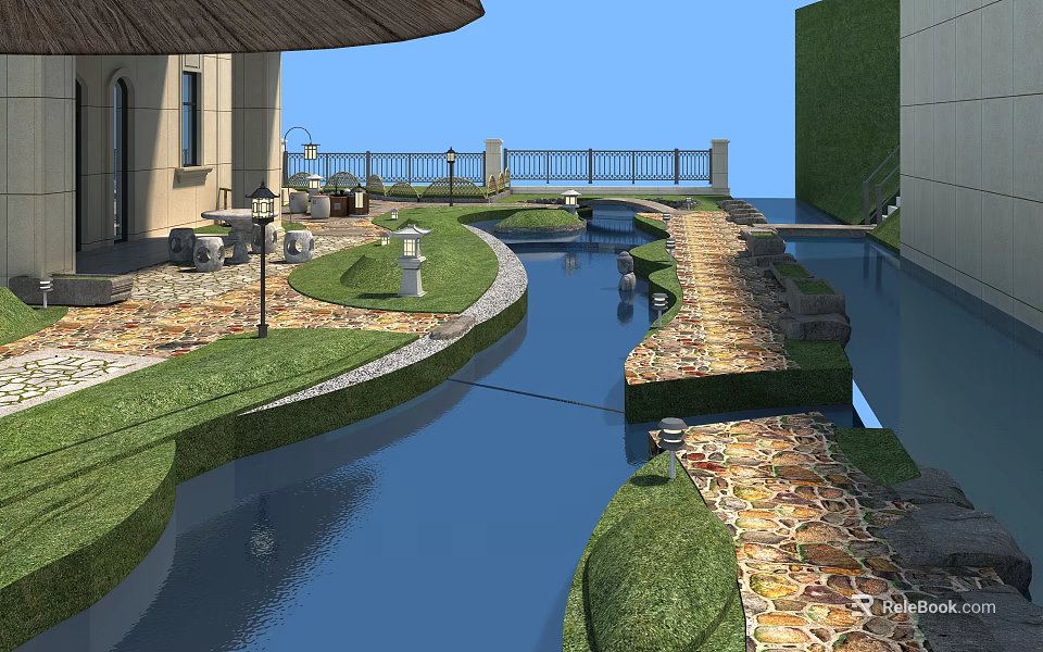 Garden Landscape Design With Water Stream Stone Pathway Lush Lawn And Railing 3d model 