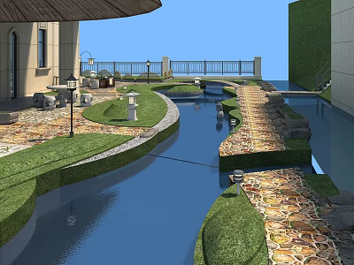 Garden Landscape Design With Water Stream Stone Pathway Lush Lawn And Railing 3d model
