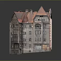 European Style Multi Story Building Model With Red Roof And Balconies