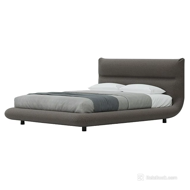 Modern Gray Upholstered Double Bed With Curved Headboard And White Pillows 3d model 