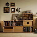 Wooden Decorative Cabinet With Books Decorations Framed Pictures And Table Lamp In Living Room