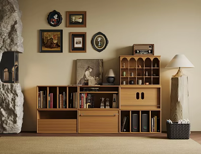 Wooden Decorative Cabinet With Books Decorations Framed Pictures And Table Lamp In Living Room 3d model