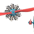 Industrial Rotary Equipment With Red Blades Blue Center And Multiple Cylinder Parts