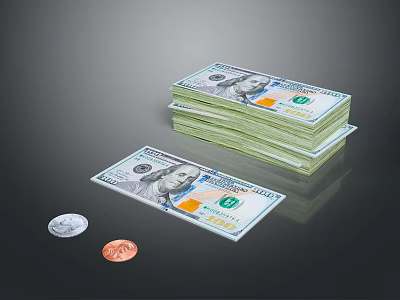 Daily Necessities Including Stacks of US Dollar Bills and Coins on Reflective Surface 3d model