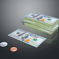 Daily Necessities Including Stacks of US Dollar Bills and Coins on Reflective Surface