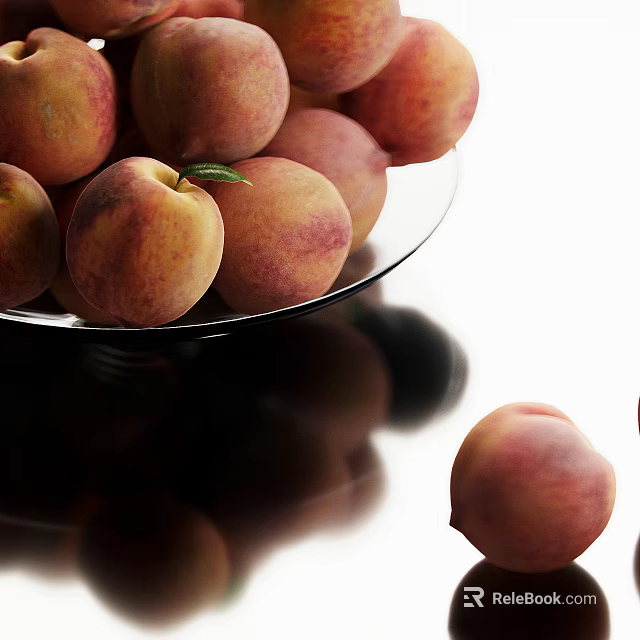 Juicy Fresh Ripe Peaches In Glass Bowl With Green Leaf And Reflections 3d model 
