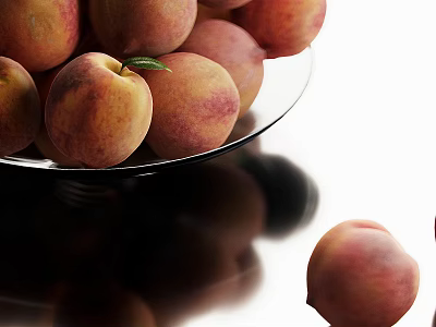 Juicy Fresh Ripe Peaches In Glass Bowl With Green Leaf And Reflections 3d model