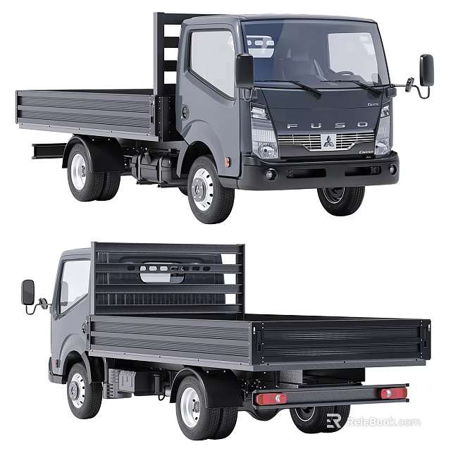 Black Mitsubishi FUSO Truck With Open Bed And Front Rear Views 3d model 
