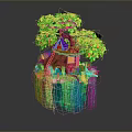 Enchanted Floating Island With Small House Green Tree Red Fruits And Vines
