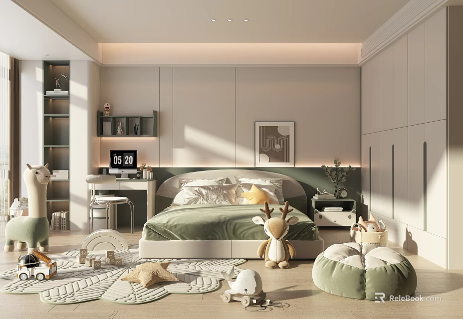 Cozy Modern Kids Room Interior Design With Green Bedding Stuffed Toys Rug Bookshelf And Sunlight 3d model 