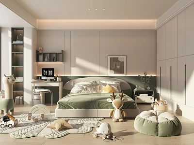 Cozy Modern Kids Room Interior Design With Green Bedding Stuffed Toys Rug Bookshelf And Sunlight 3d model