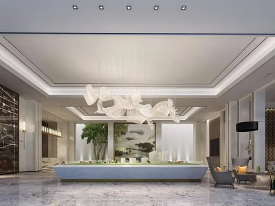 Luxury Sales Office Interior Design With Spacious Lobby Reception Desk And Pendant Lights 3d model