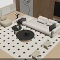 Light Beige Sofa And Round Black Coffee Table With Geometric Rug And Stools 3d model
