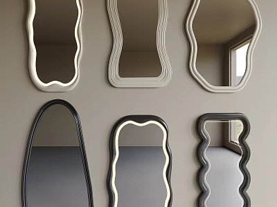 Various Unique Shaped Decorative Mirrors With Stylish Frames On Light Colored Wall 3d model