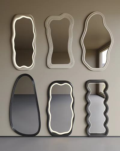 Various Unique Shaped Decorative Mirrors With Stylish Frames On Light Colored Wall 3d model