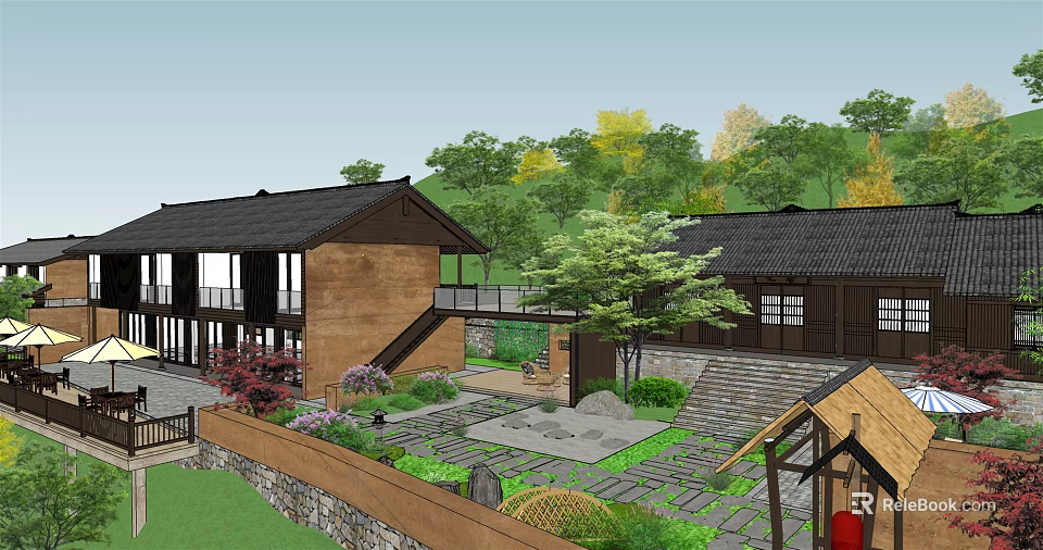 Traditional Wooden Homestay Building With Black Roof Courtyard Stone Path And Greenery 3d model 
