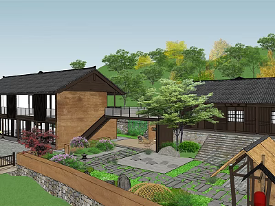 Traditional Wooden Homestay Building With Black Roof Courtyard Stone Path And Greenery 3d model