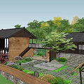 Traditional Wooden Homestay Building With Black Roof Courtyard Stone Path And Greenery