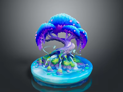 Vibrant Decorative Tree Sculpture With Purple Trunk Blue Canopy Pink Blossoms And Green Moss 3d model