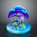 Vibrant Decorative Tree Sculpture With Purple Trunk Blue Canopy Pink Blossoms And Green Moss