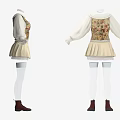 Floral Patterned Women Outfit With White Long Sleeves Beige Pleated Skirt And Red Boots