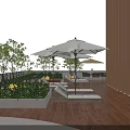 Outdoor Terrace With White Umbrellas Loungers Warm Lighting Moonlit Night And Plants