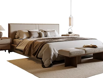 New Chinese Style Song Style Double Bed New Chinese Style Double Bed Fabric Double Bed End Stool New Chinese Style Bedside Table Lamp Bedside Chandelier 3d model