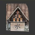 Traditional Wooden Water Pavilion With Tiled Roof And Wooden Buckets On Counter