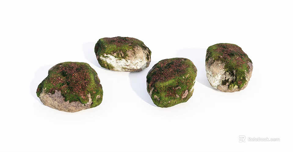 Moss Covered Natural Stones And Wooden Decorative Elements For Landscaping 3d model 