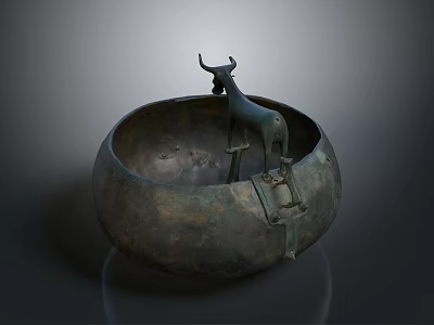 Ancient Bronze Vessel Featuring Intricate Bull Sculpture And Carved Details 3d model