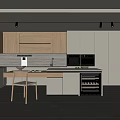 Modern Restaurant Kitchen With Wooden White Cabinets Island Counter Dining Table And Wine Rack