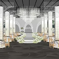 Elegant Banquet Hall With Crystal Chandeliers White Columns Arched Doorways And Floral Decorations