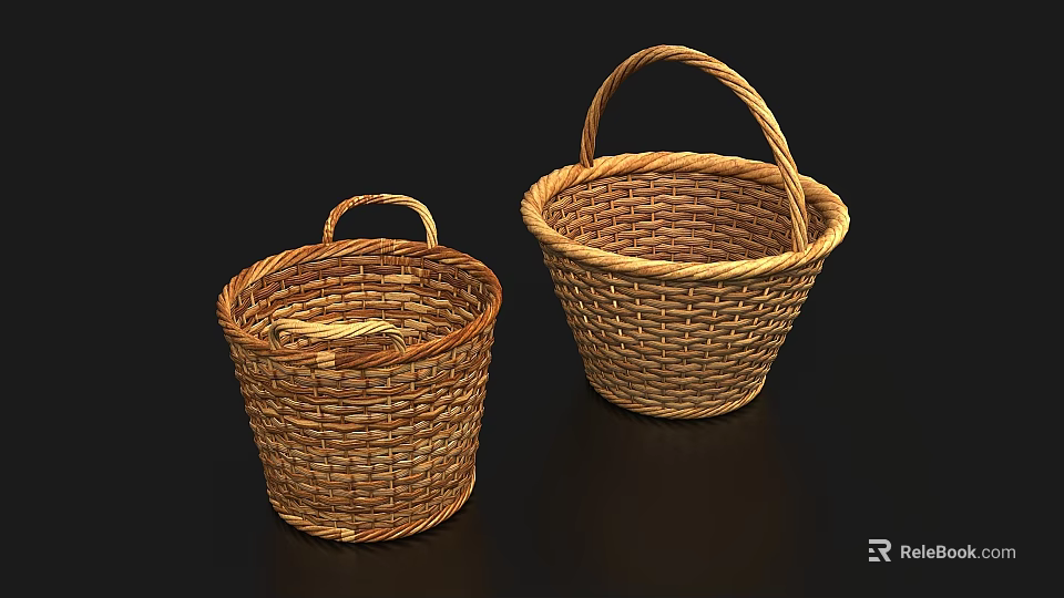 Two Handwoven Wicker Baskets With Handles In Different Sizes For Storage 3d model 