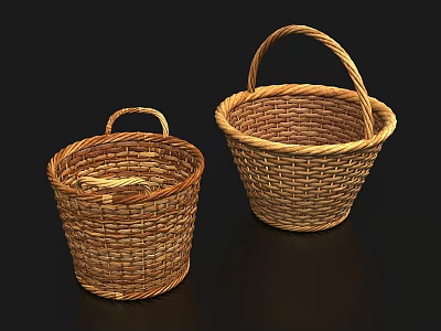 Two Handwoven Wicker Baskets With Handles In Different Sizes For Storage 3d model