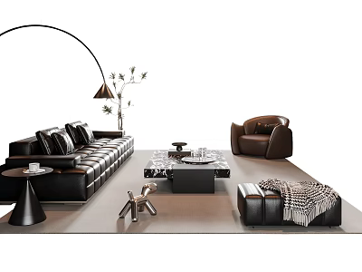 Black Leather Sofa Coffee Table Set with Armchair Floor Lamp Green Plant Footstool and Blanket 3d model